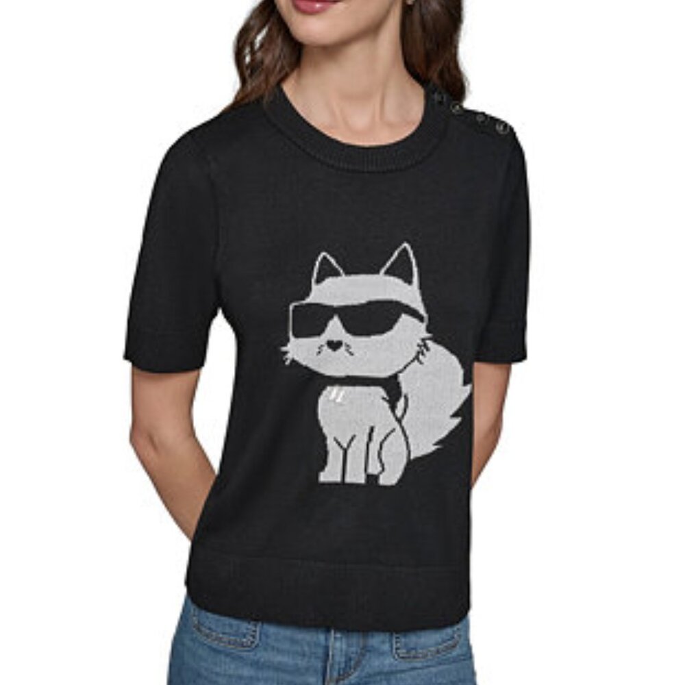 Sz M Karl Lagerfeld Paris Black White Choupette Cat Short Sleeve Soft Sweater
